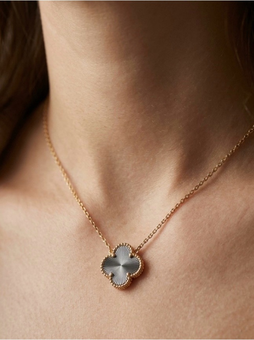 Silver Diamond Cut “Guilloche”Clover & Gold Plated Chain Necklace 16 To 18”
